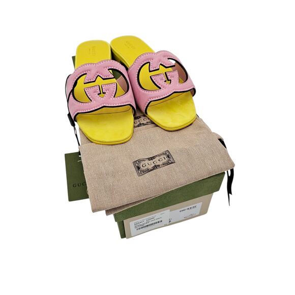 Gucci GG Cut Out Slide Flat Sandal Yellow Pink Suede Leather Size 38.5 US 8.5 - Picture 2 of 9